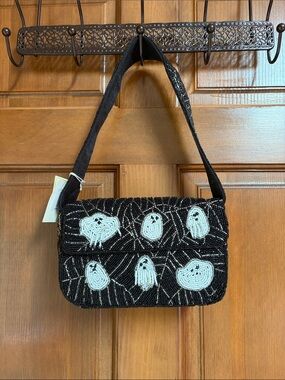 Sol Mer Beaded Black Shoulder Bag with White Ghost Motif